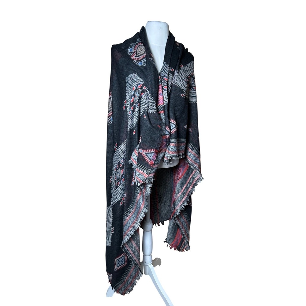 Vintage Black Geometric Diamond Oversized Blanket Scarf Wrap Western Boho Tribal